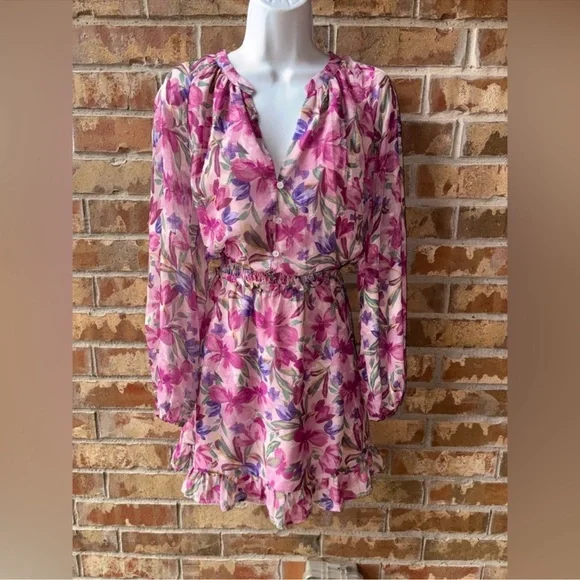 Greylin Floral Pink and Purple Long Sleeve Dress Medium - Picture 3 of 11